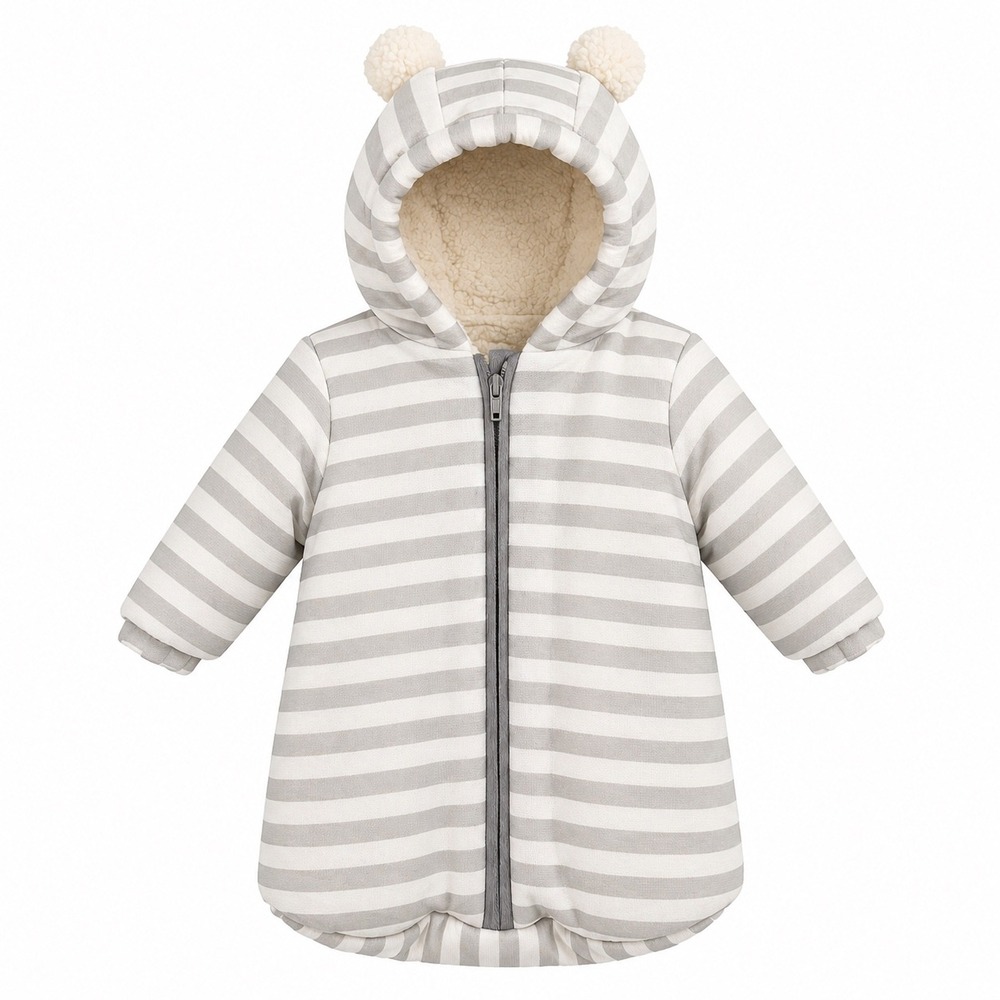 Mon Lapin Baby Bunting Snowsuit Gray White Stripe Sherpa Hood Pom Pom 0-3M